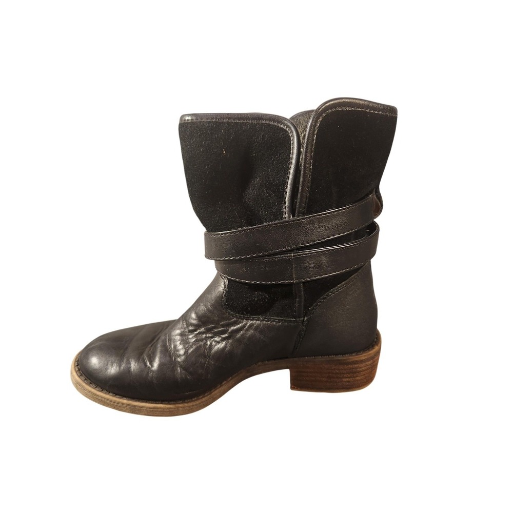 Lucky Brand Boots Womens Size 8 Black Leather Fur Lined Buckle Ankle Booties‎